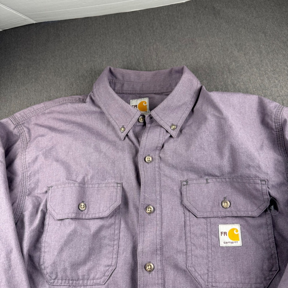 Carhartt FR Flame Resistant Work Shirt Mens Large Purple Gray Button Down 392-31